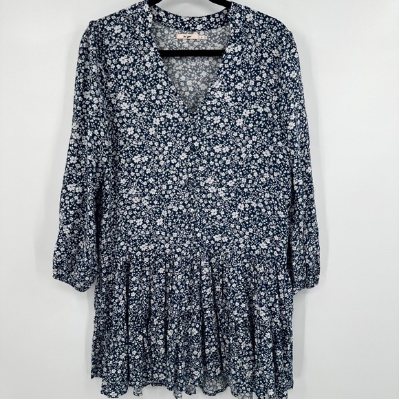 Ami Dresses & Skirts - Mi Ami Mini Dress Womens Medium Blue White Boho Floral Rayon Pleated Long Sleeve